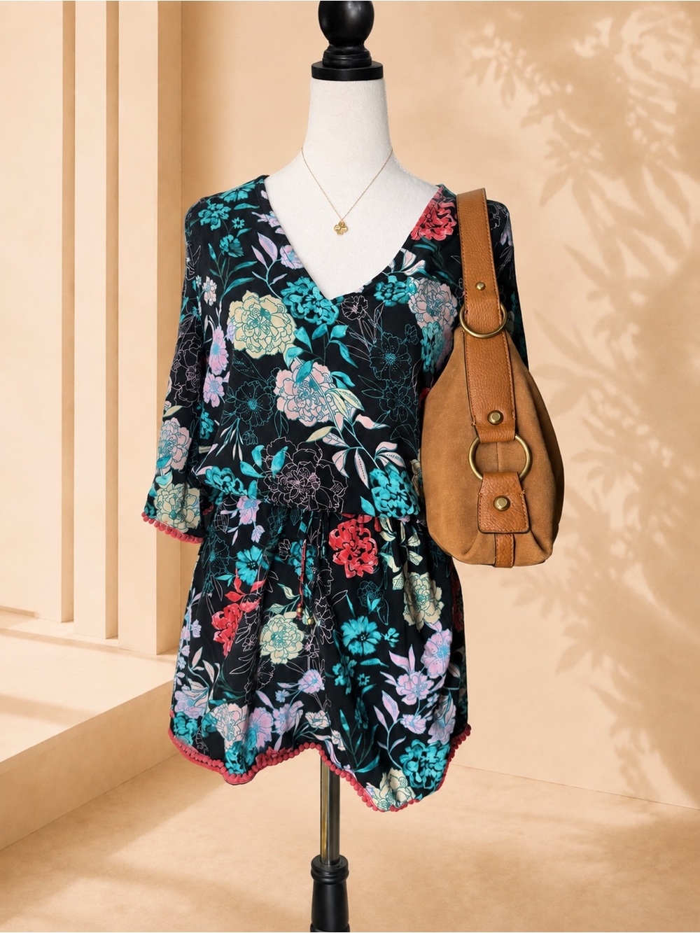 Bar III Floral Pom-Pom Trim Tie-Back Romper Size Small